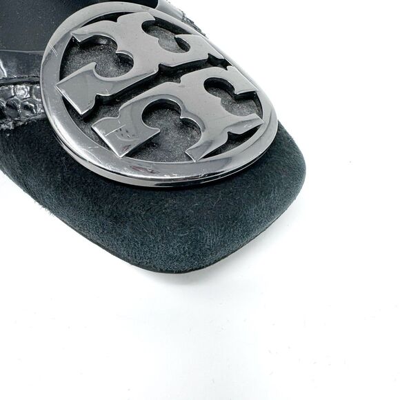 Tory Burch Frannie Reva Pumps 8.5 Black Suede Croc Trim Silver Logo Block Heels - Picture 12 of 14